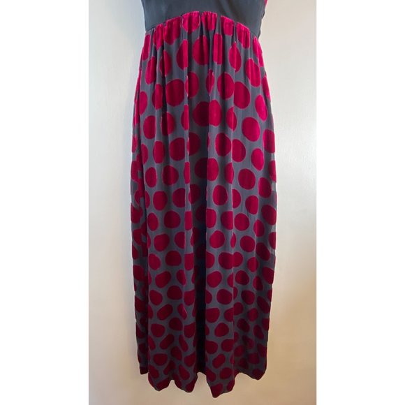 Voom 100% Silk Velvet 90s Y2K Polka Dot Fuschia & Black Maxi Dress Size XS - Picture 3 of 11